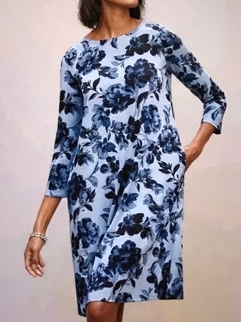 J. JILL Floral 3/4 Sleeves Crew Neck Midi Dress Blue Women’s Size Large - XL